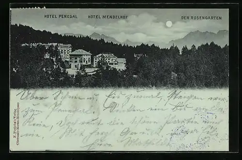 Mondschein-AK Mendelpass, Hotel Mendelhof, Hotel Penegal und Rosengarten
