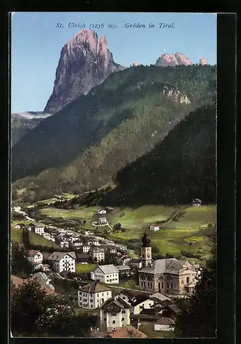 AK St. Ulrich in Gröden, Totale vom Berg aus gesehen