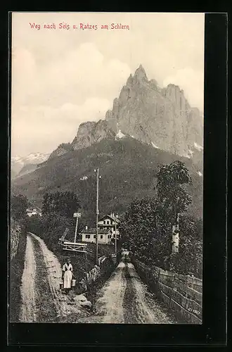 AK Seis am Schlern, Weg zum Ort mit Bauernmädchen