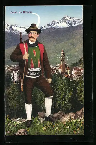 AK Merano, Panorama mit Meraner in Tracht am Stradt