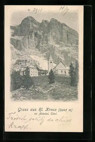 AK Hl. Kreuz im Abteital, Kirche und Nebengebäude mit Gebirgswand