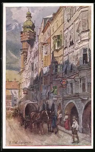 Künstler-AK E.F. Hofecker: Innsbruck, Pferdekutsche auf der Herzog Friedrichstrasse