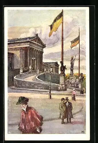 Künstler-AK J. Kalous: Wien, Passanten vor dem Parlament