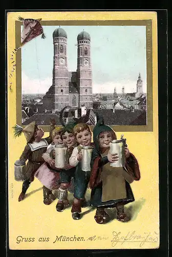 Präge-AK München, Münchner Kindl, Kinder mit Bierkrügen