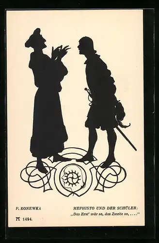 Künstler-AK Paul Konewka: Schattenschnitt, Faust, Mephisto und der Schüler, Sc