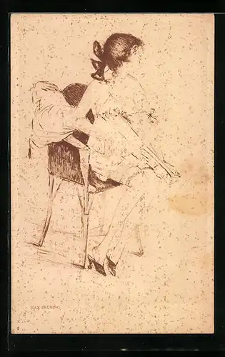Künstler-AK Max Brüning: Junge Dame im Unterrock auf einem Stuhl sitzend, Erschrocken