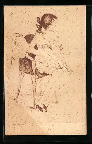 Künstler-AK Max Brüning: Erschrocken, Dame in Unterwäsche auf einem Stuhl