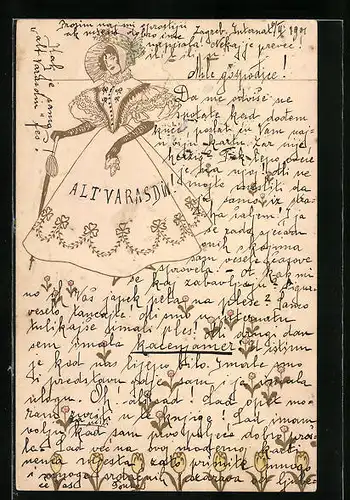 Künstler-AK Darstellung einer jungen vornehmen Frau mit goldenen Linien, Darstellung im Jugendstil