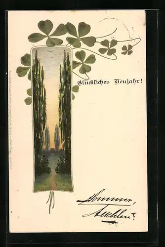 Lithographie Parklandschaft mit einem Weg unter den Bäumen, verziert mit Kleeblättern, Darstellung im Jugendstil