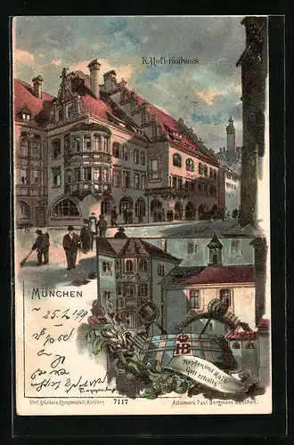 Künstler-AK Theodor Guggenberger: München, Passanten vor dem Hofbräuhaus, Hopfen und Malz, Gott erhalts