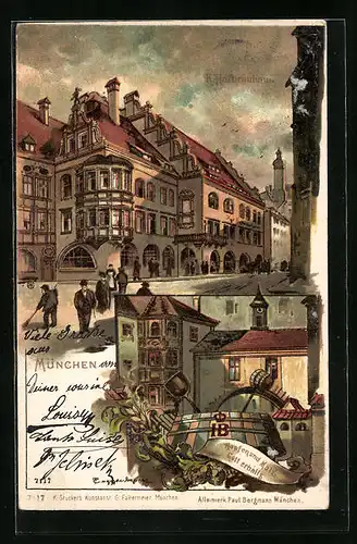 Künstler-AK Theodor Guggenberger: München, Hofbräuhaus, Passanten auf dem Vorplatz, Bierbrauutensilien