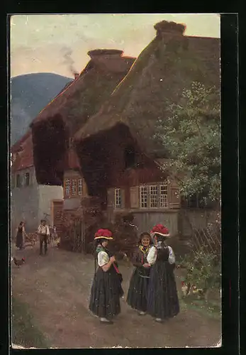 Künstler-AK Heinrich Hoffmann: Dorfstrasse im Schwarzwald, Frauen in Trachten im Gespräch