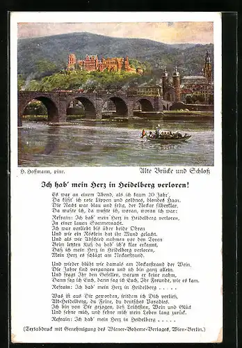 Künstler-AK Heinrich Hoffmann: Heidelberg, Ruderboot vor der alten Brücke, Blick zum Schloss