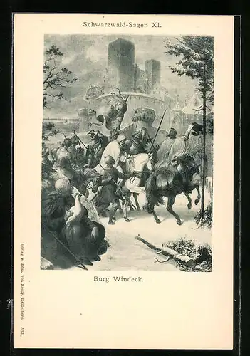 Künstler-AK Schwarzwald-Sagen XI, Burg Windeck, Reiter ziehen in die Burg ein