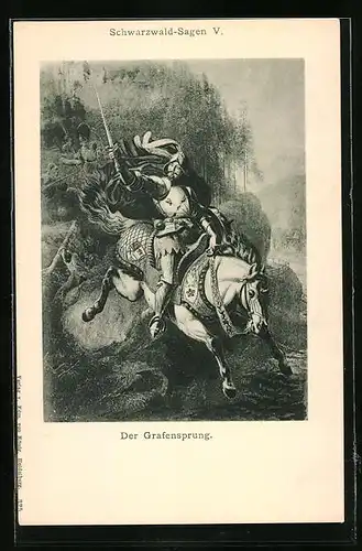 AK Schwarzwald-Sagen V, der Grafensprung, der Graf in Rüstung zu Pferd mit dem Schwert nach oben gestreckt