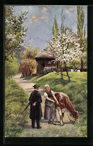 Künstler-AK Heinrich Hoffmann: Motiv aus dem Prechttal, Frau mit Kuh und Mann im Mai