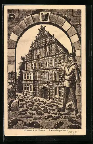 Künstler-AK Hameln a. d. Weser, der Rattenfänger vor dem Rattenfämgerhaus mit dem Rattenfängerlied