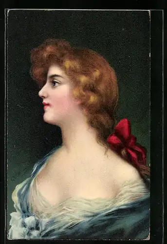 Künstler-AK Junge Frau mit rotem Haar und Schleife am Zopf, Darstellung im Jugendstil