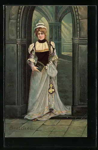 Präge-Künstler-AK Faust, Gretchen im Durchgang mit Bibel in der Hand und Haube auf dem Kopf