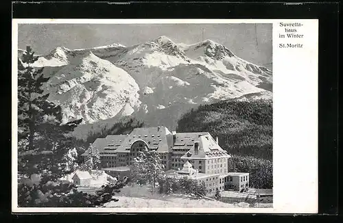 AK St. Moritz, Blick auf das Suvrettahaus im Winter