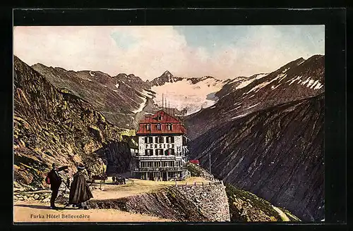 AK Furka, Wanderer vor dem Hotel Belvedere