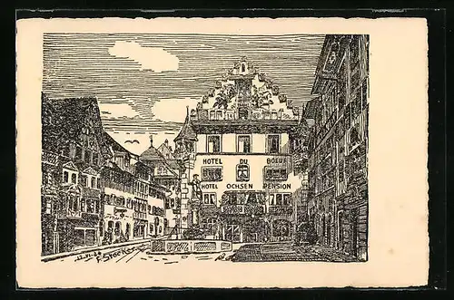 Künstler-AK Zug, der Kolinplatz, Hotel Pension Ochsen