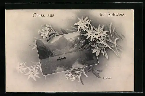 AK Neuchatel, Blick über den Seealpsee, Edelweiss Blüten