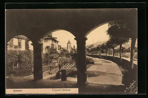 AK Sursee, Partie am Unteren Graben, Blick zum Kirchturm