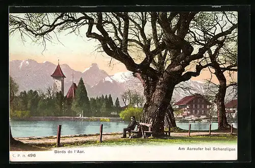 AK Scherzligen, die Kirche vom Aarufer aus gesehen