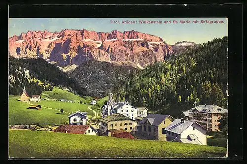 AK Gröden, Blick auf Wolkenstein und St. Maria mit Sellagruppe