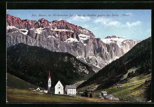 AK Sta. Maria in Wolkenstein, Partie an der Kirche in Gröden gegen die Sella