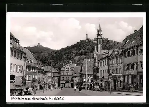 AK Weinheim / Bergstrasse, Marktplatz mit Weinrestaurant zur Pfalz