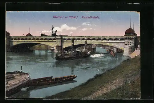 AK Minden i. W., Weserdampfer passiert die Kanalbrücke