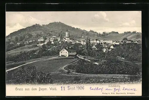 AK Schönberg im bayr. Wald, Ortstotale, Blick zum Kirchturm