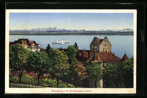 AK Meersburg a. B., Blick auf den Bodensee und die Schweizer Alpen