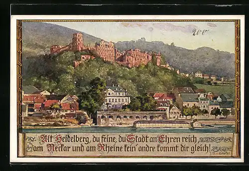 AK Heidelberg, Blick vom Rheinufer hinauf zur Schlossruine