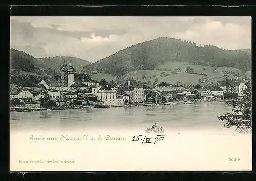 AK Obernzell a. d. Donau, Ortspanorama mit der Kirche im Bau