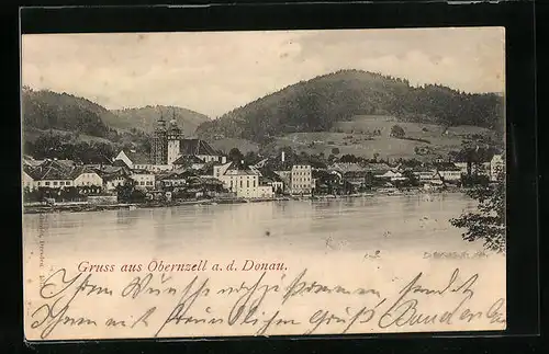 AK Obernzell a. d. Donau, Blick vom Flussufer auf die Kirche im Ort