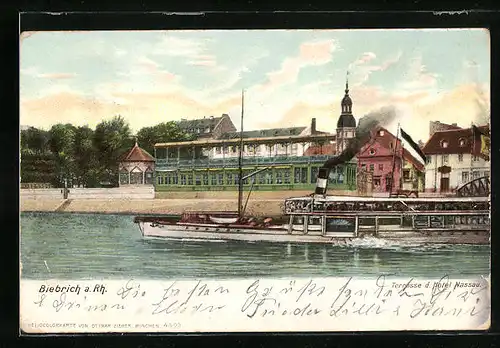 Lithographie Biebrich a. Rhein, Ausflugsdampfer vor der Terrasse d. Hotel nassau