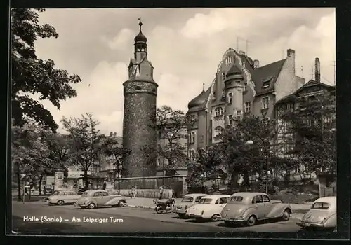 AK Halle /Saale, Am Leipziger Turm mit Litfasssäule