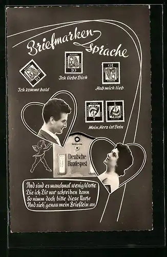 AK Briefmarkensprache: Ich liebe Dich, Mein Herz ist Sein, Briefkasten