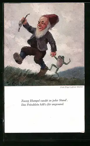 Künstler-AK Paul Lothar Müller: Zwerg Humpel raucht zu jeder Stund, das Fröschlein hält`s für ungesund