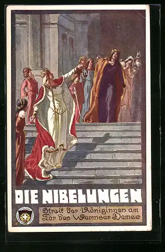 Künstler-AK Ernst Kutzer: Die Nibelungen: Streit der Königinnen am Tor des Wormser Domes