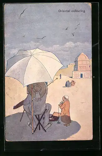 Künstler-AK Rudolf Pick unsign.: Oriental colouring, Maler in der Wüste