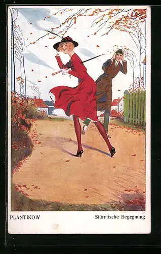 Künstler-AK Plantikow: Stürmische Begegnung, elegante Dame im Herbst