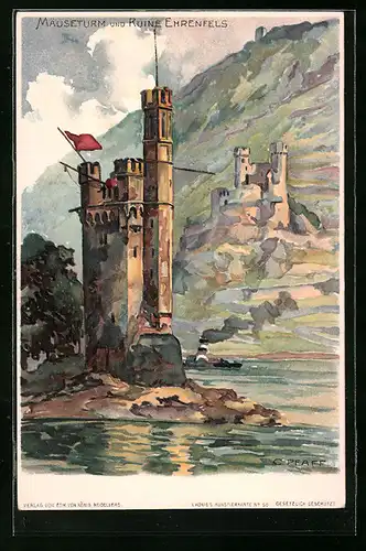 Künstler-AK C. Pfaff: Mäuseturm und Ruine Ehrenfels