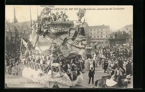 AK Nice, Carnaval, Gendarme amoureux de l`aviation, Umzugswagen zu Fasching