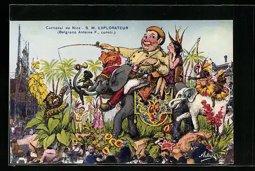 AK Nice, Carnaval, S. M. Explorateur, Umzugswagen zu Fasching