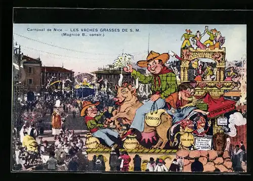 AK Nice, Carnaval, Les Vaches Grasses de S. M., Umzugswagen zu Fasching