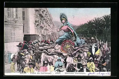 AK Nice, Fêtes du Carnaval 1906, Madame Carnaval, Umzugswagen zu Fasching